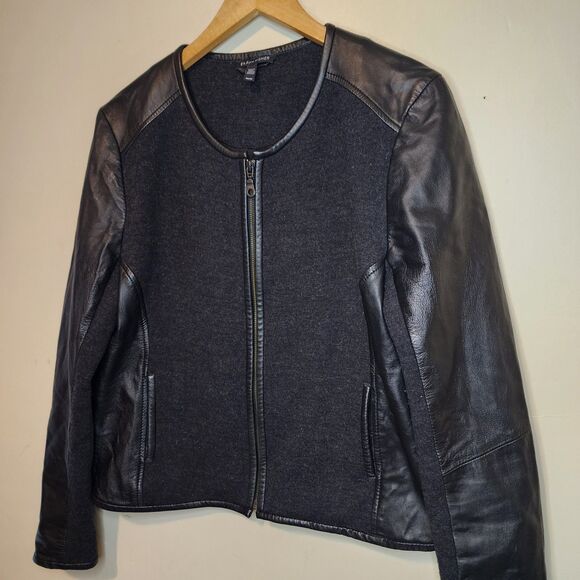 Eileen Fisher Jacket Black Leather Wool Womens Medium Silk Lined Full Zip - Picture 4 of 16